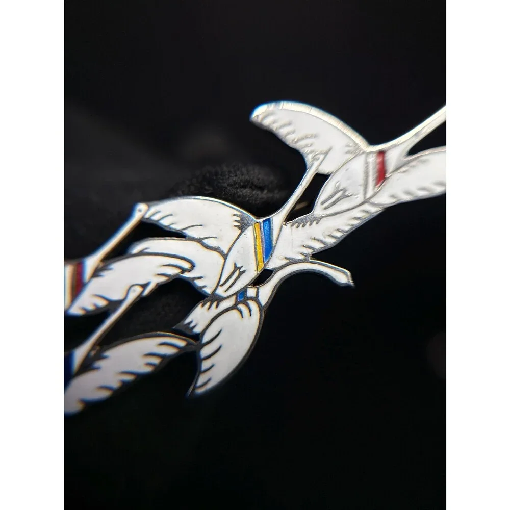 Vintage Erik Magnussen Sterling Enamel Five Swans Brooch Denmark 10.5g